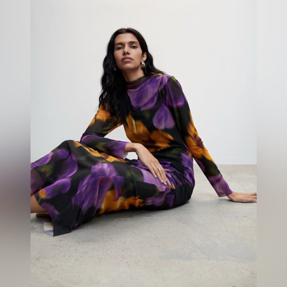 Mango Black Maxi Dress Floral High Neck Bodycon Dress - Picture 7 of 7